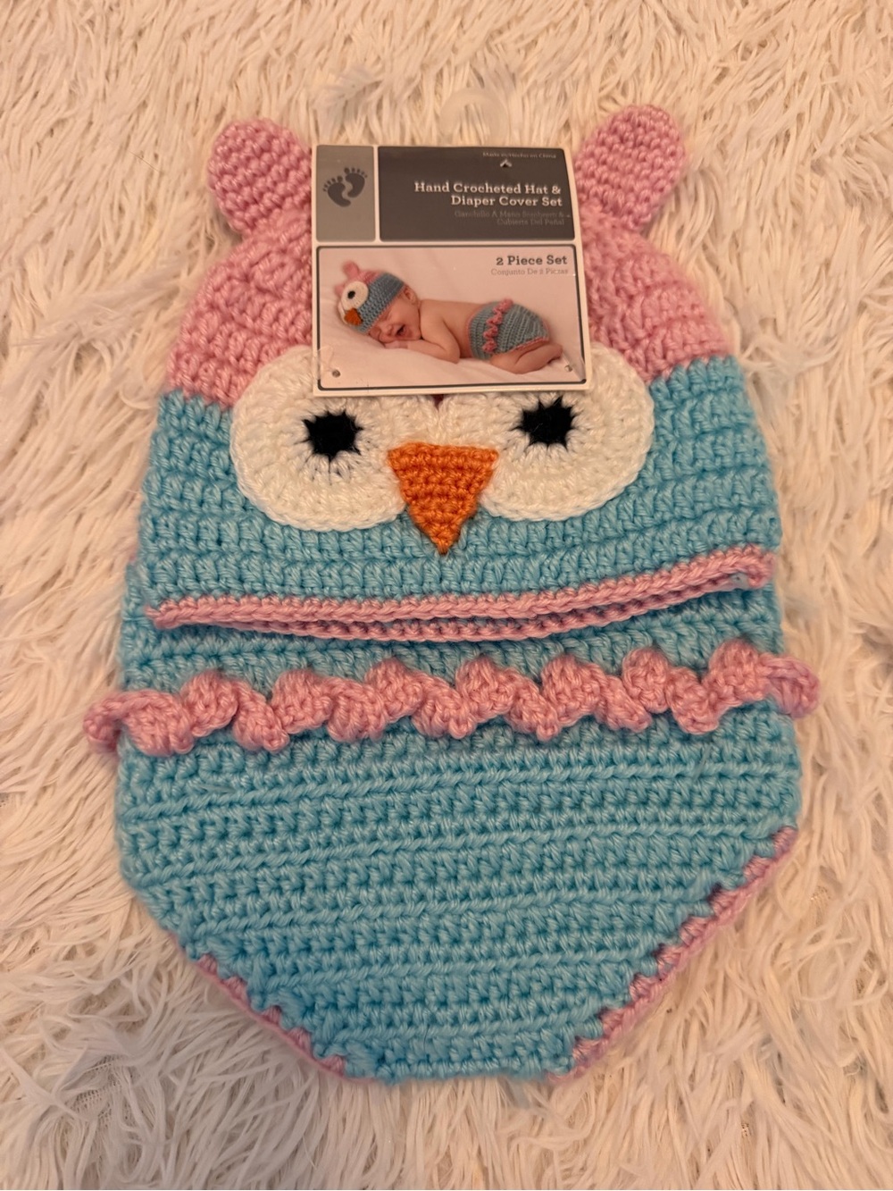 New-Crocheted Owl Diaper Cover Set - Blue & Pink